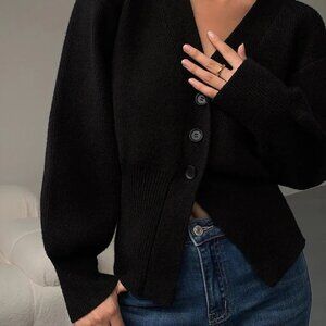 Black Fitted Balloon Sleeve Button Cardigan